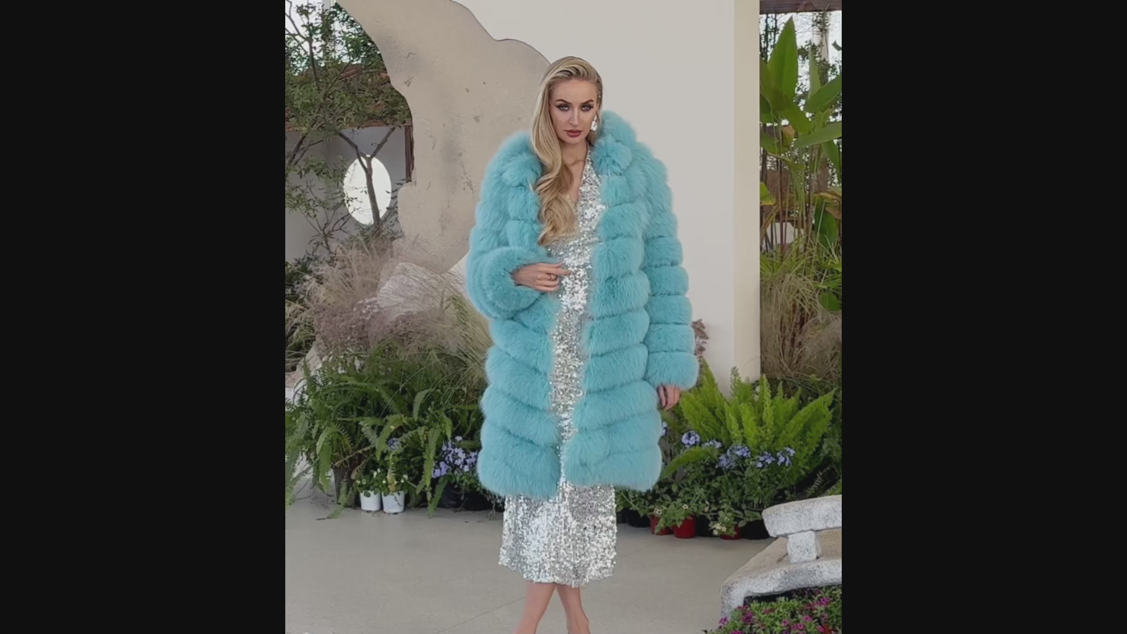 Luxury Blue Fox Fur Coat with Hood – Long Chevron Stitched 10-Panel Women’s Winter Fur Jacket