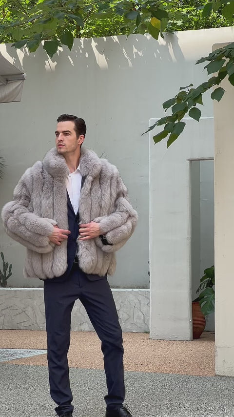 Men's Winter Coat With Stand-up Collar And Vertical Stripes Real Fox Fur