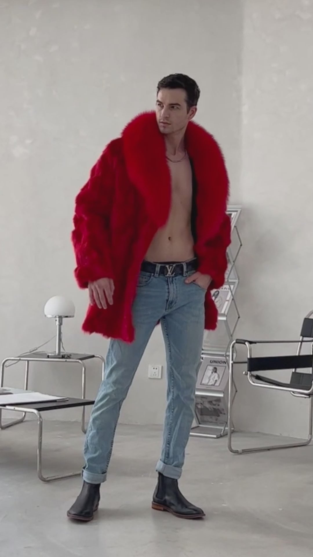 Winter Fashion Men's Long Fox Fur Collar Red Coat