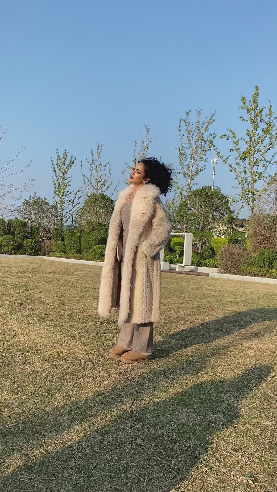 Eco-Friendly Faux Mink Fur Women's Long Coat with Suit Collar and Placket