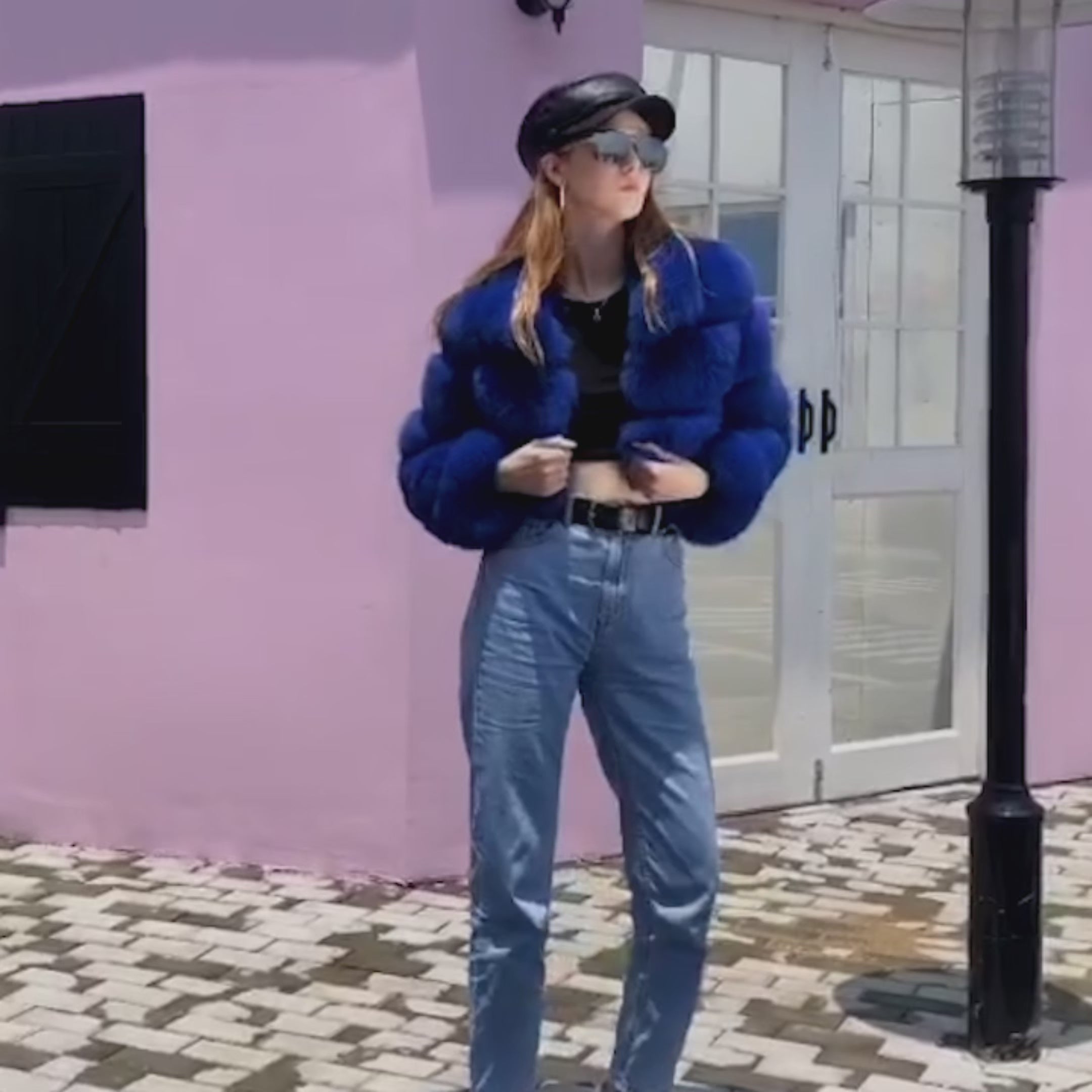 Χειμερινό παχύ ζεστό μπουφάν από γούνα αλεπούς μόδας κοντό μπλε γούνινο παλτό γυναικών