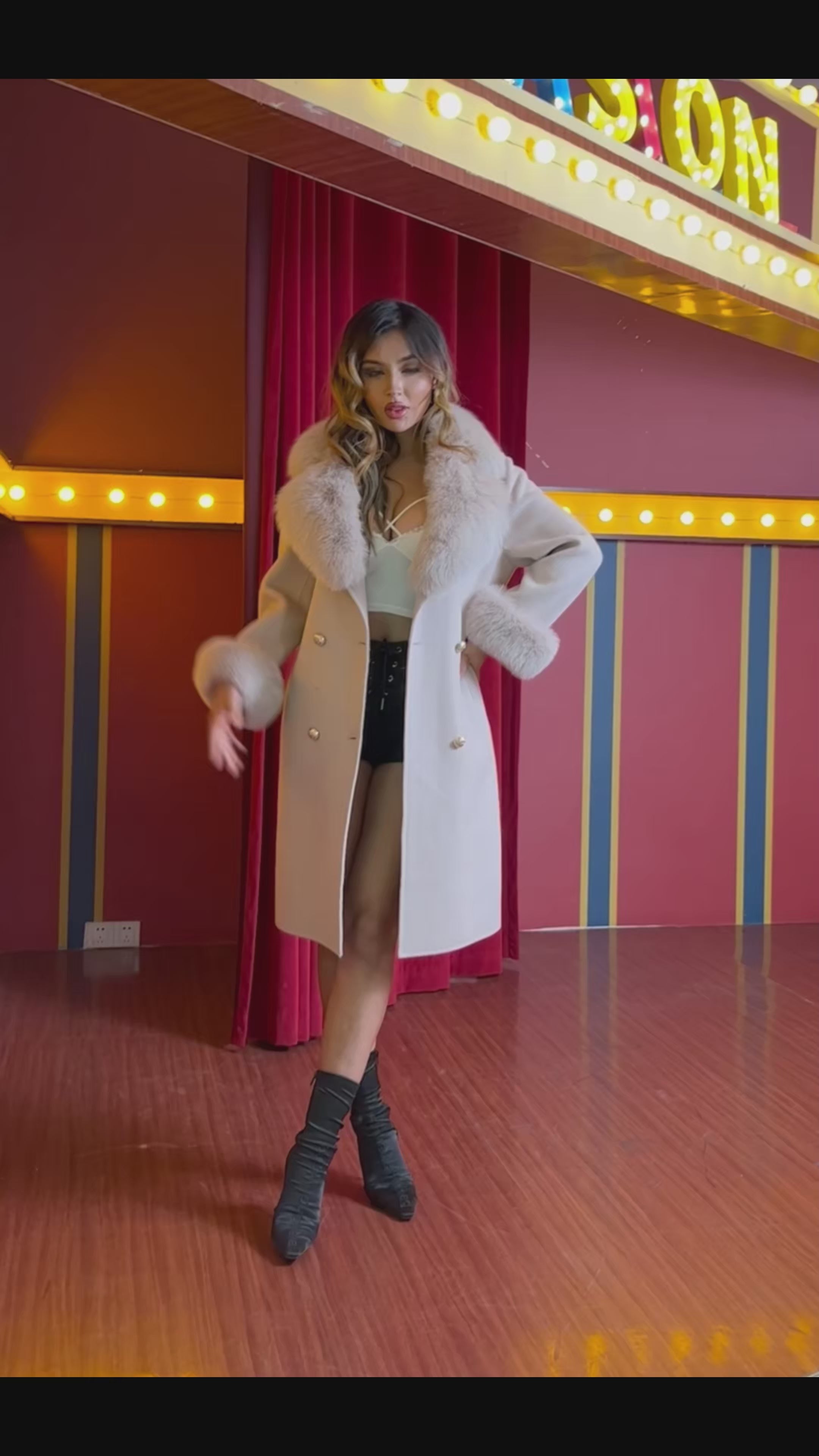 Double - Faced Wool Coat with Fox Fur Collar, Cuffs and Tie Waist