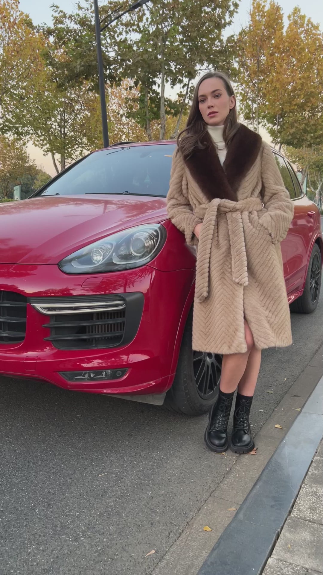 Women's Fashionable Lapel Herringbone Faux Mink Eco Fur Coat