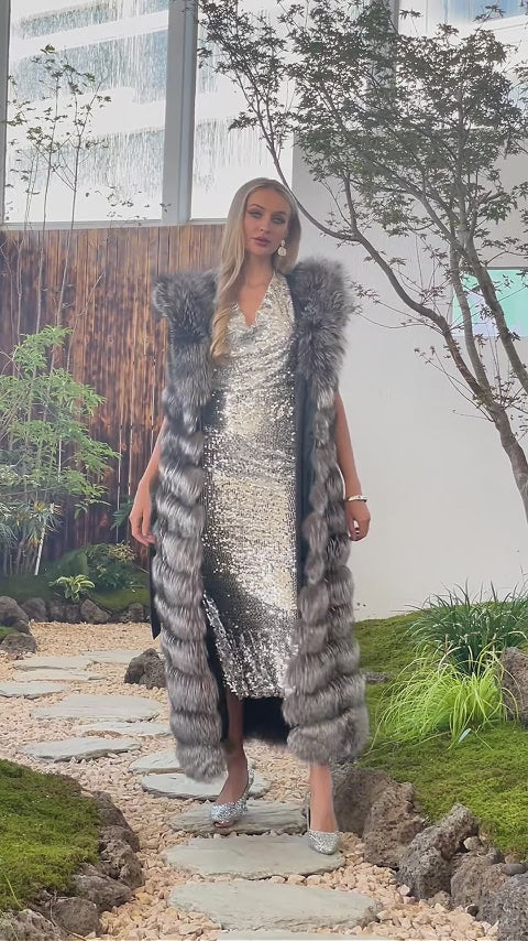 Long Silver Fox Fur Vest with Hood and Belt – Long Women's Real Fur Gilet Coat