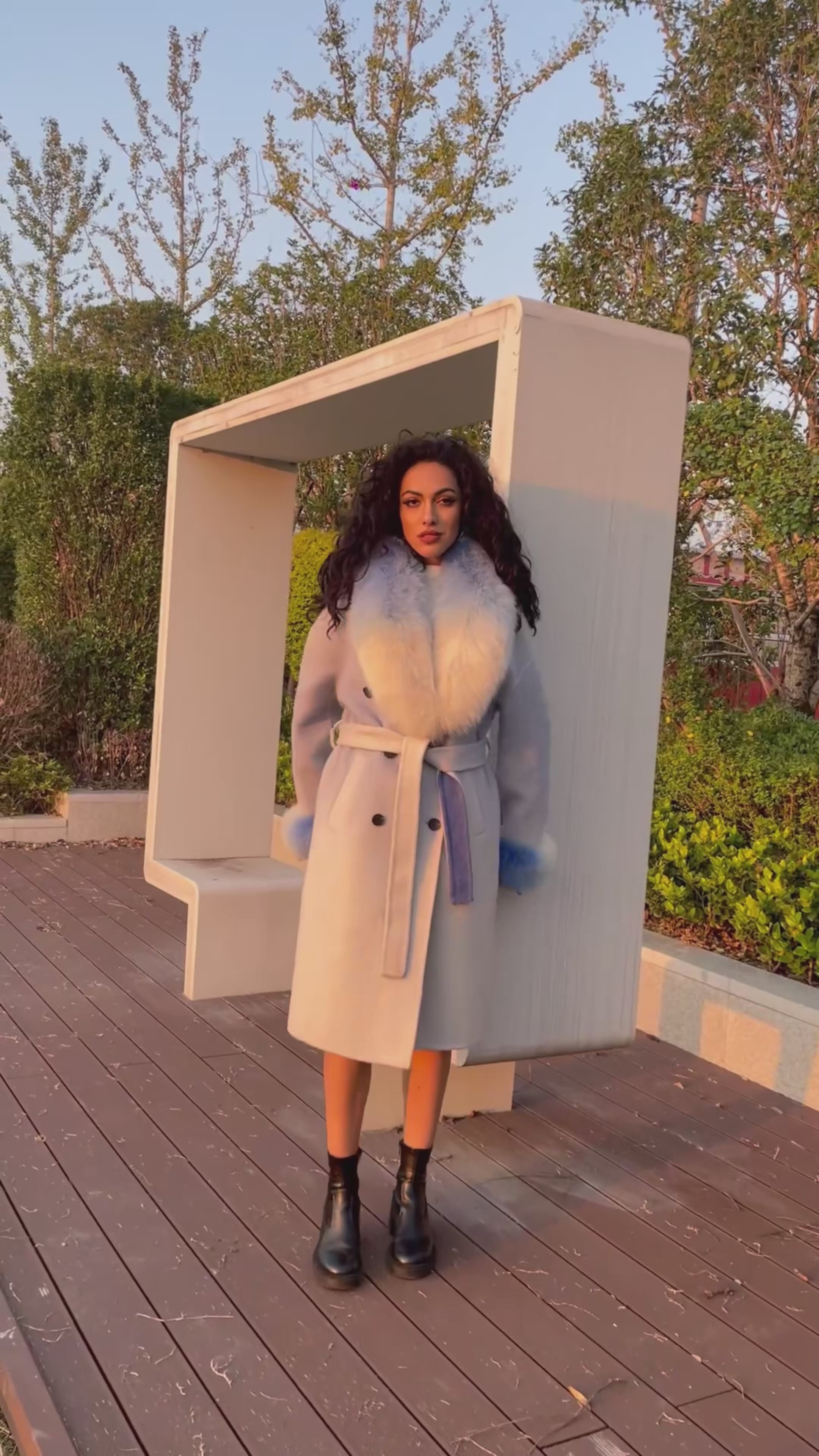 Cashmere Double Faced Coat with Fox Fur Collar & Cuffs and Tie Belt