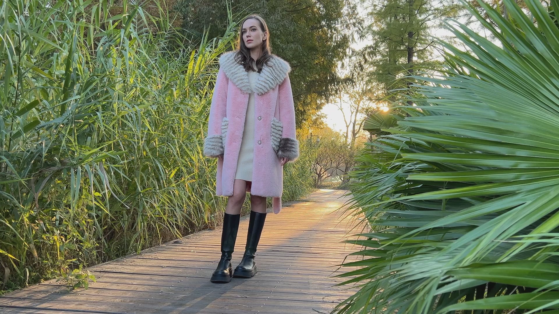 Women's Winter Large Lapel Striped Faux Mink Coat Eco-Fur Pink Coat