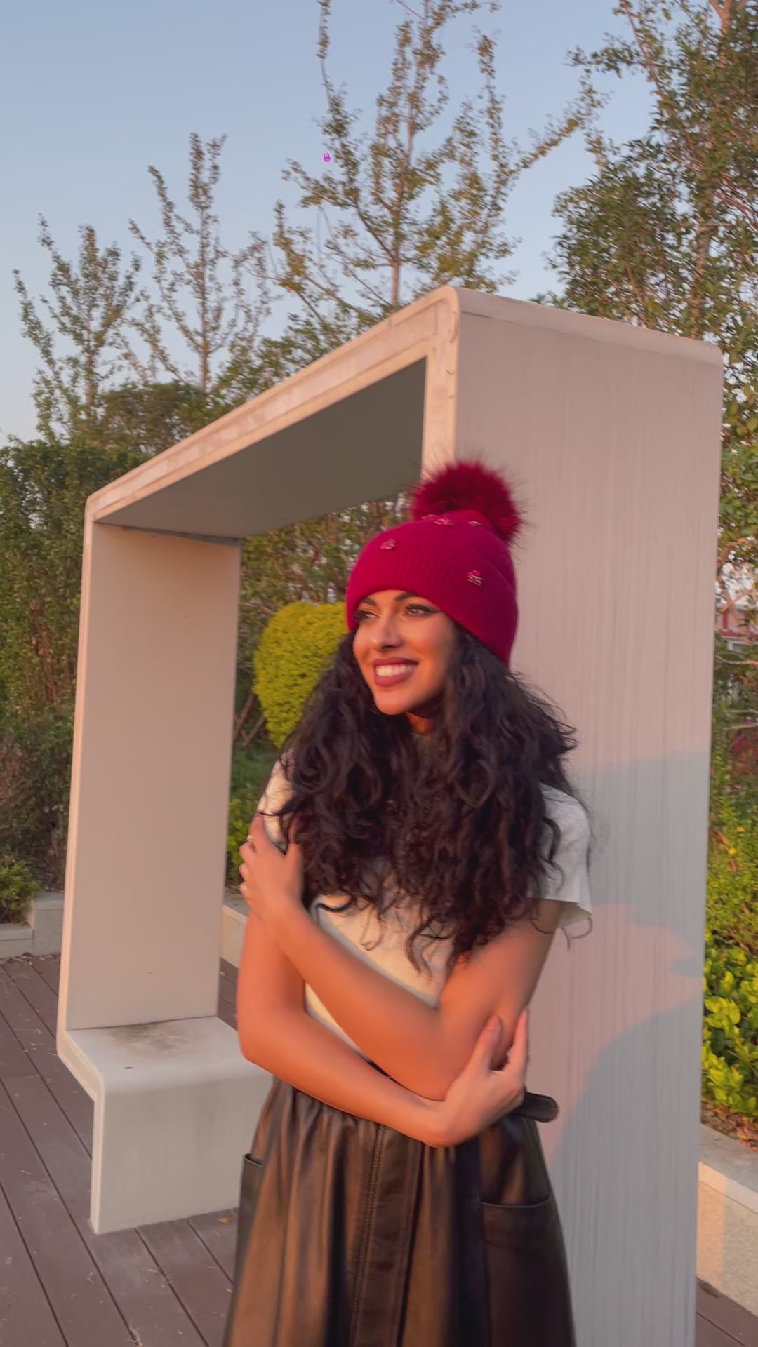 Ladies' Rabbit Fur Hat with Small Rhinestone Pompoms for Casual Wear