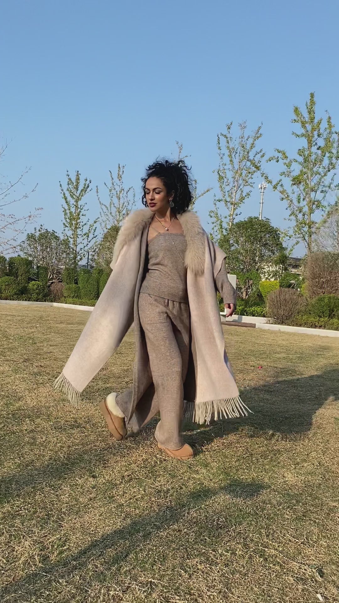 Double-Faced Cashmere Cape Coat for Women with Chic Fringe Double-Faced Wool Shawl Coat