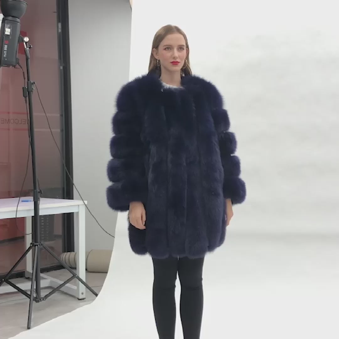 Fashion Women's Long Fox Fur Coat Vertical Stripes Solid Color