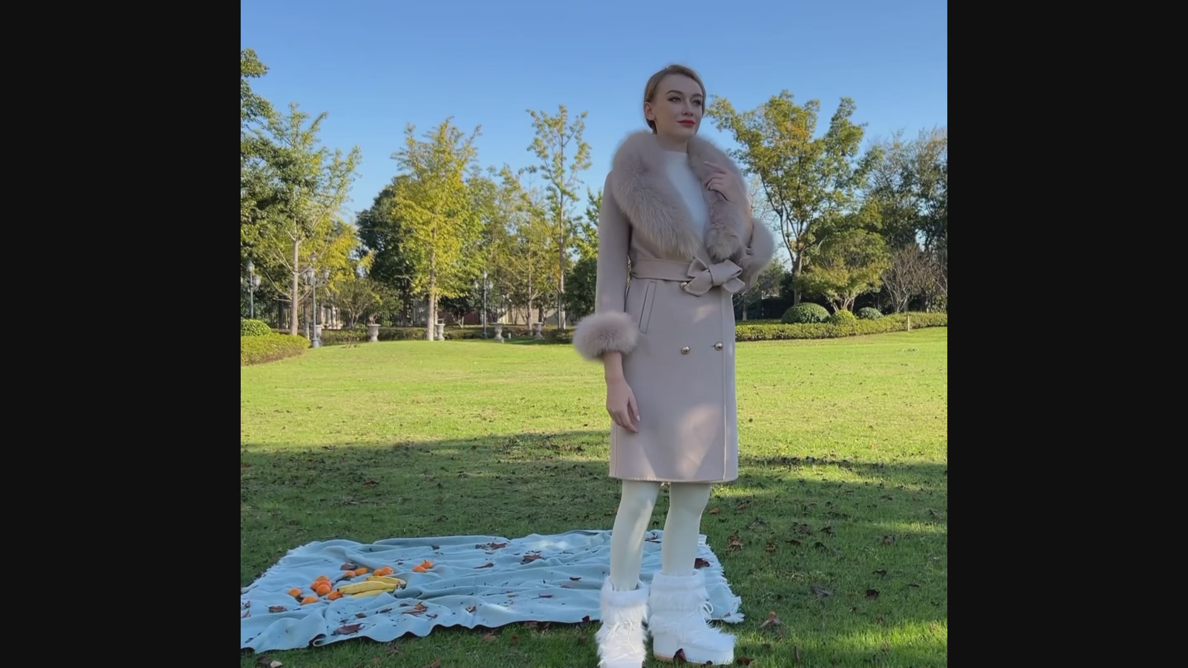 Luxurious Double - Faced Wool Long Coat with Large Fox Fur Collar, Fur Cuffs and Tie Waist