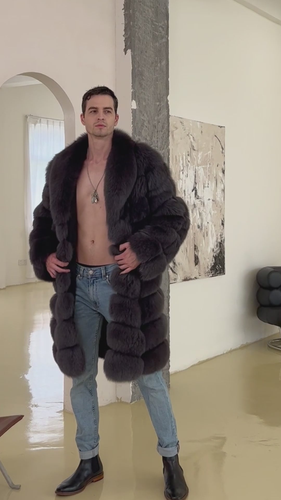 Warm Winter Men's Long V-neck Luxury Real Fox Fur Coat
