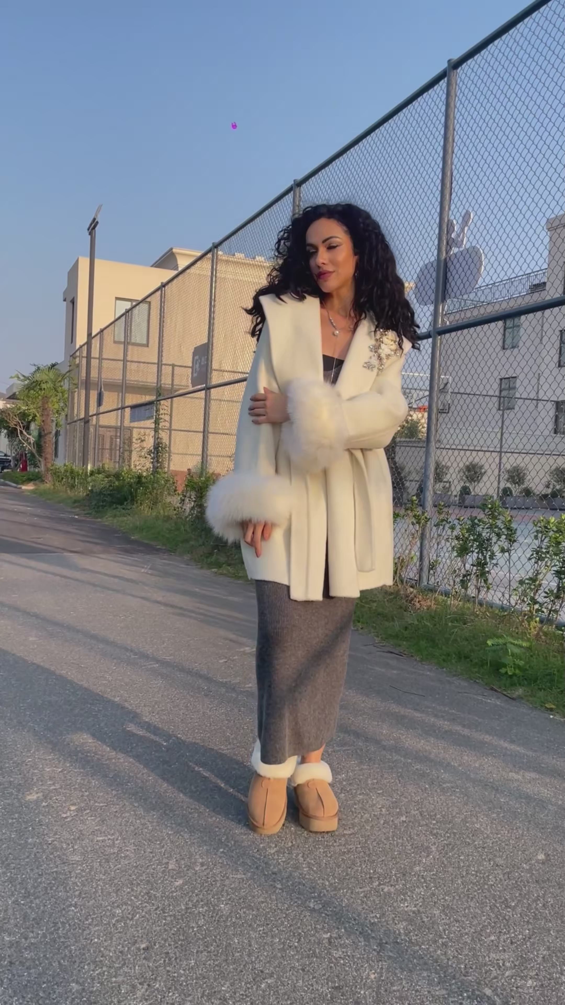 Cashmere Double Faced Coat with Rhinestone Brooch, Fox Fur Collar, Fox Fur Cuffs and Tie Belt