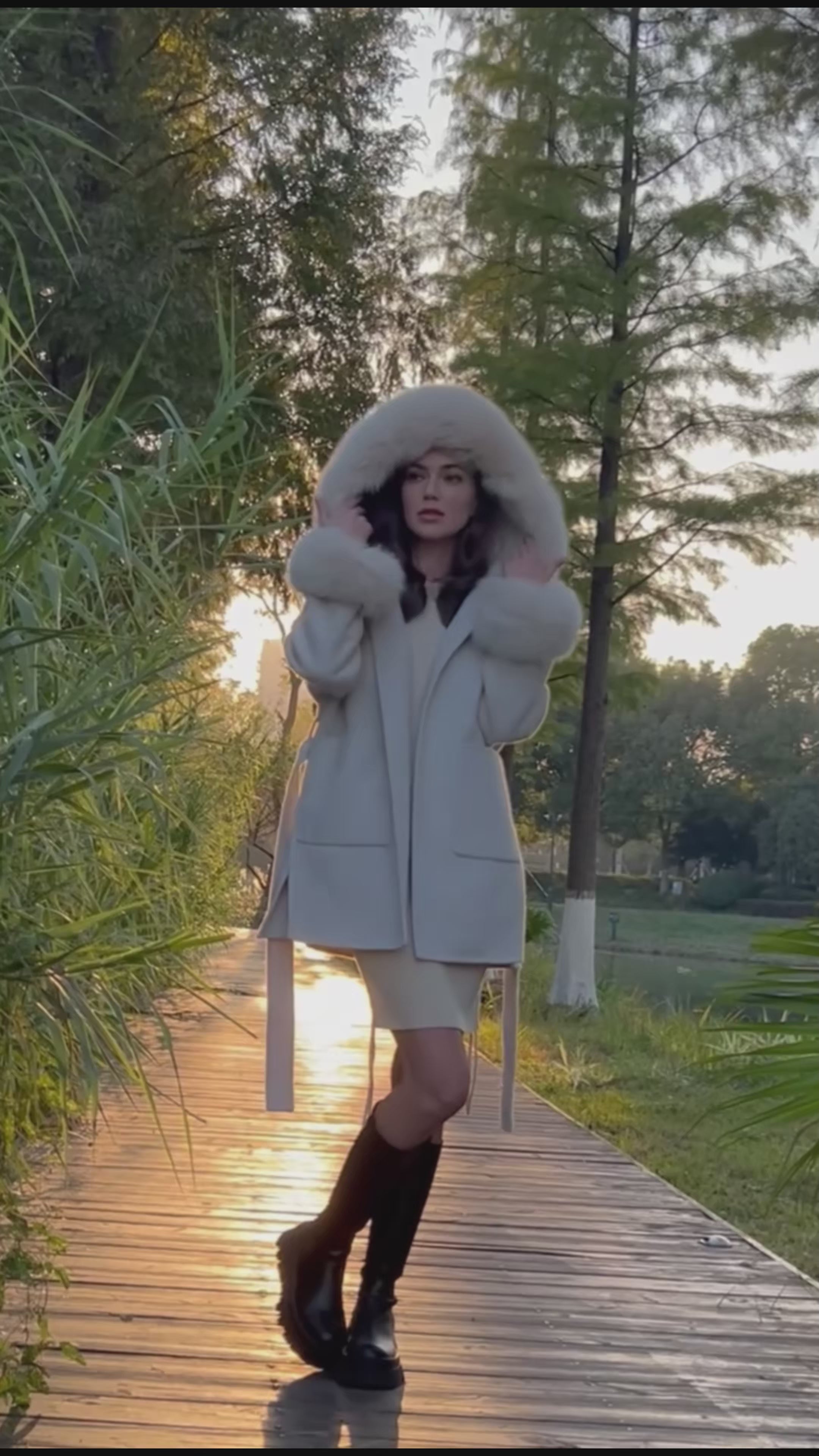 Double - Faced Wool Hooded Coat with Faux Fur Trim on Hood and Cuffs & Tie Waist