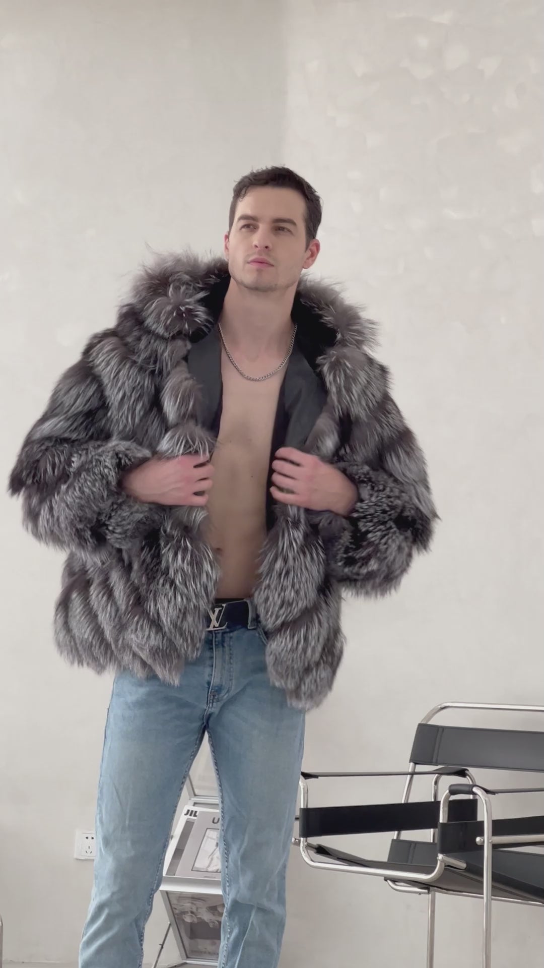 Hooded Luxury Diagonal Stripe Fox Fur Jacket Warm Men's Coat