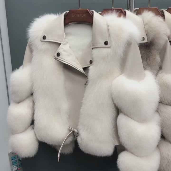Warm Winter Leather Fluffy Real Fox Fur Jacket Women's Short Coat
