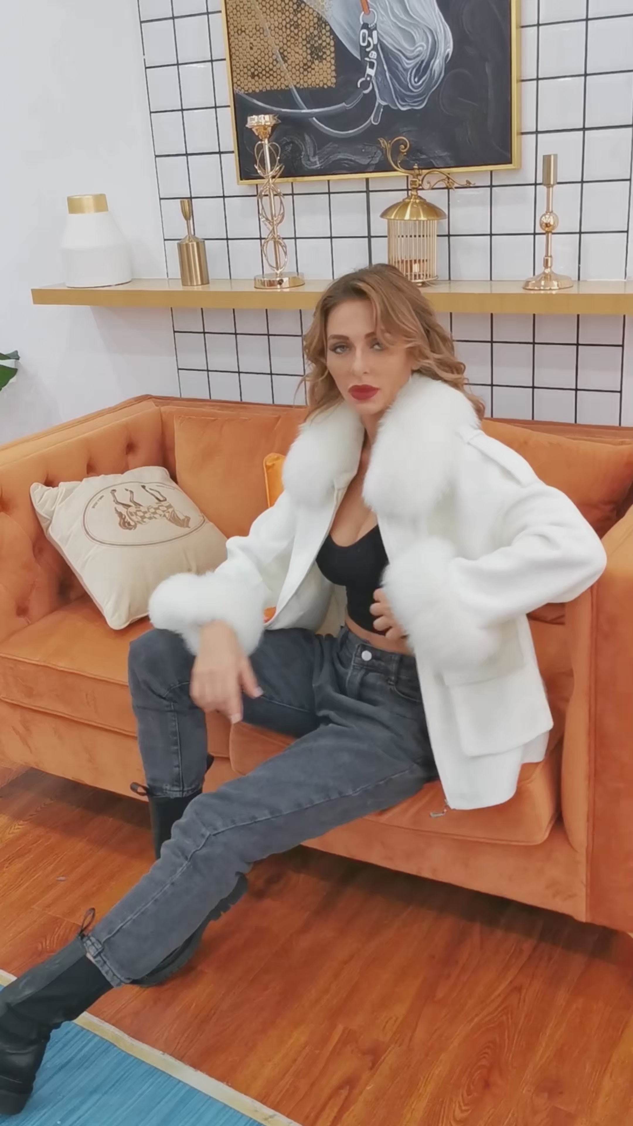 Big Pocket Lapel Fox Fur Cashmere Zipped Jacket