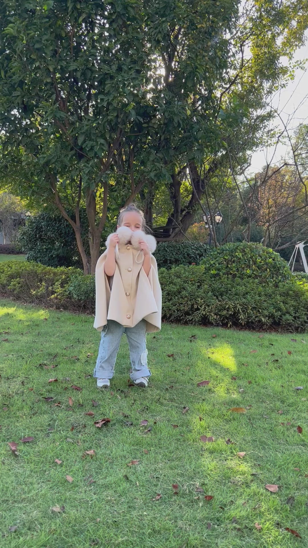 New Children's Double Fur Ball Hooded Poncho Shawl
