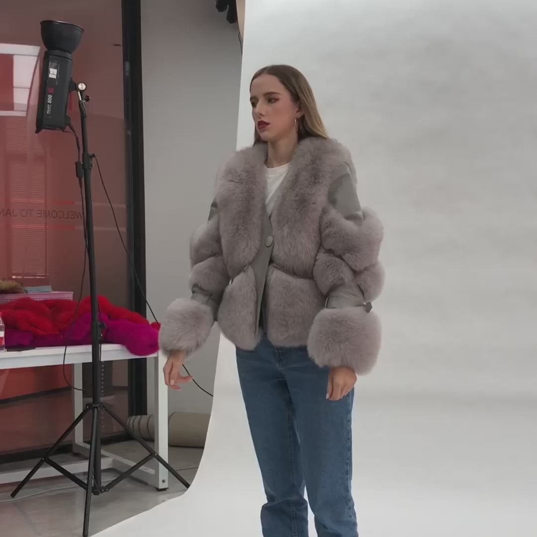 Short Style One Button Women's Real Fox Fur Fashion Jacket