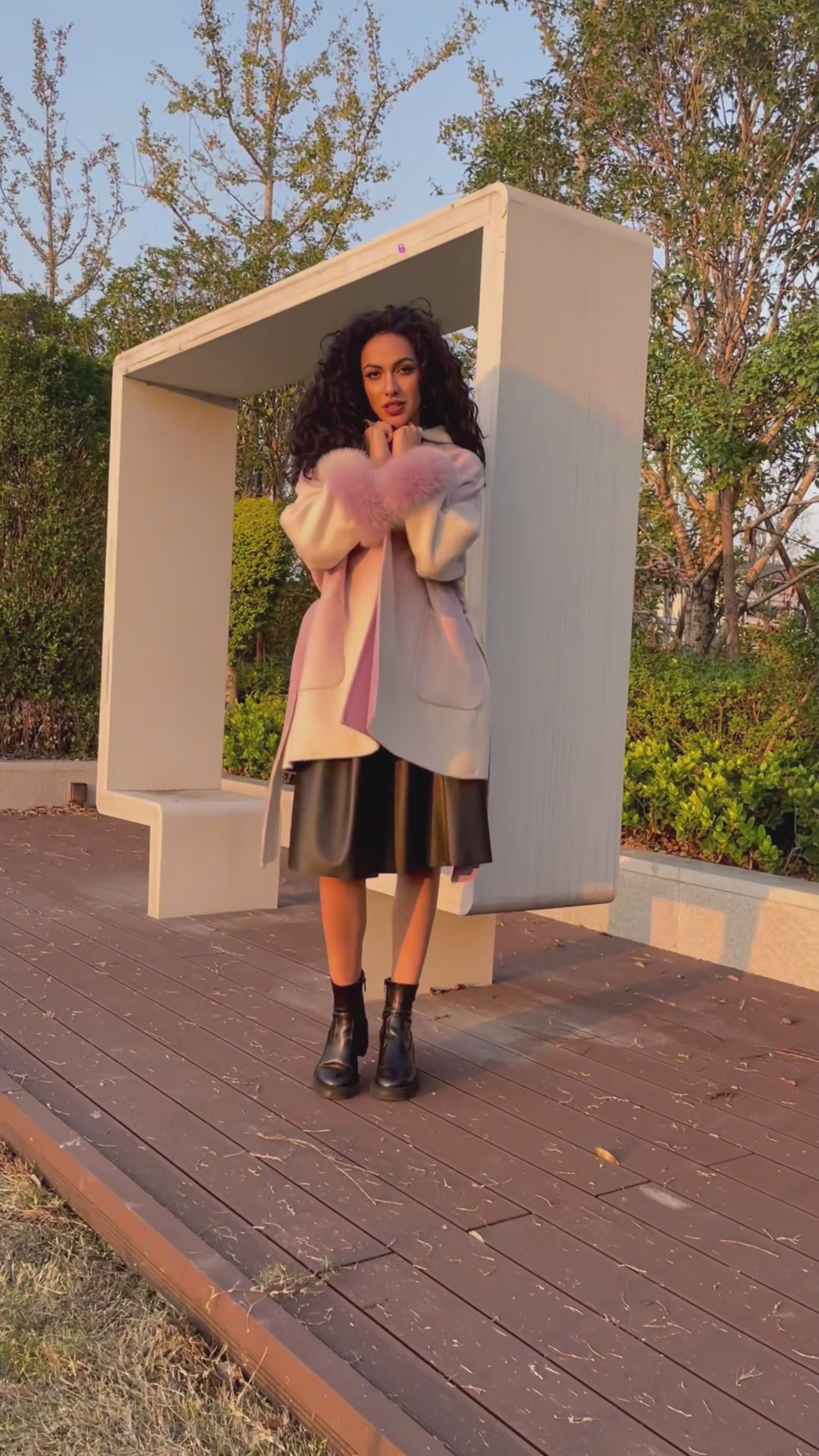 Gradient Color Double Faced Wool Cashmere Coat with Fur Cuffs - Tie Waist Winter Outerwear