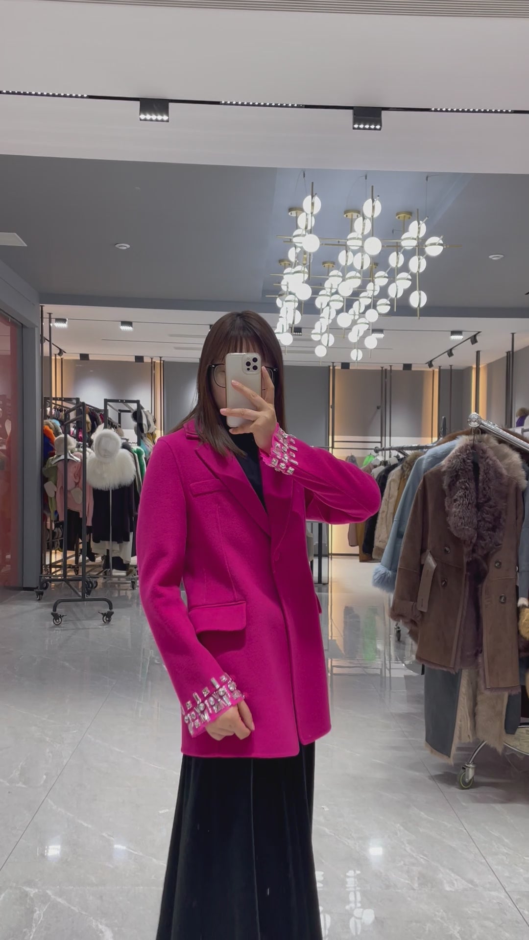Tailored Double-Faced Wool Blazer with Rhinestone Cuff Embellishments – Hot Pink Statement Coat for Women