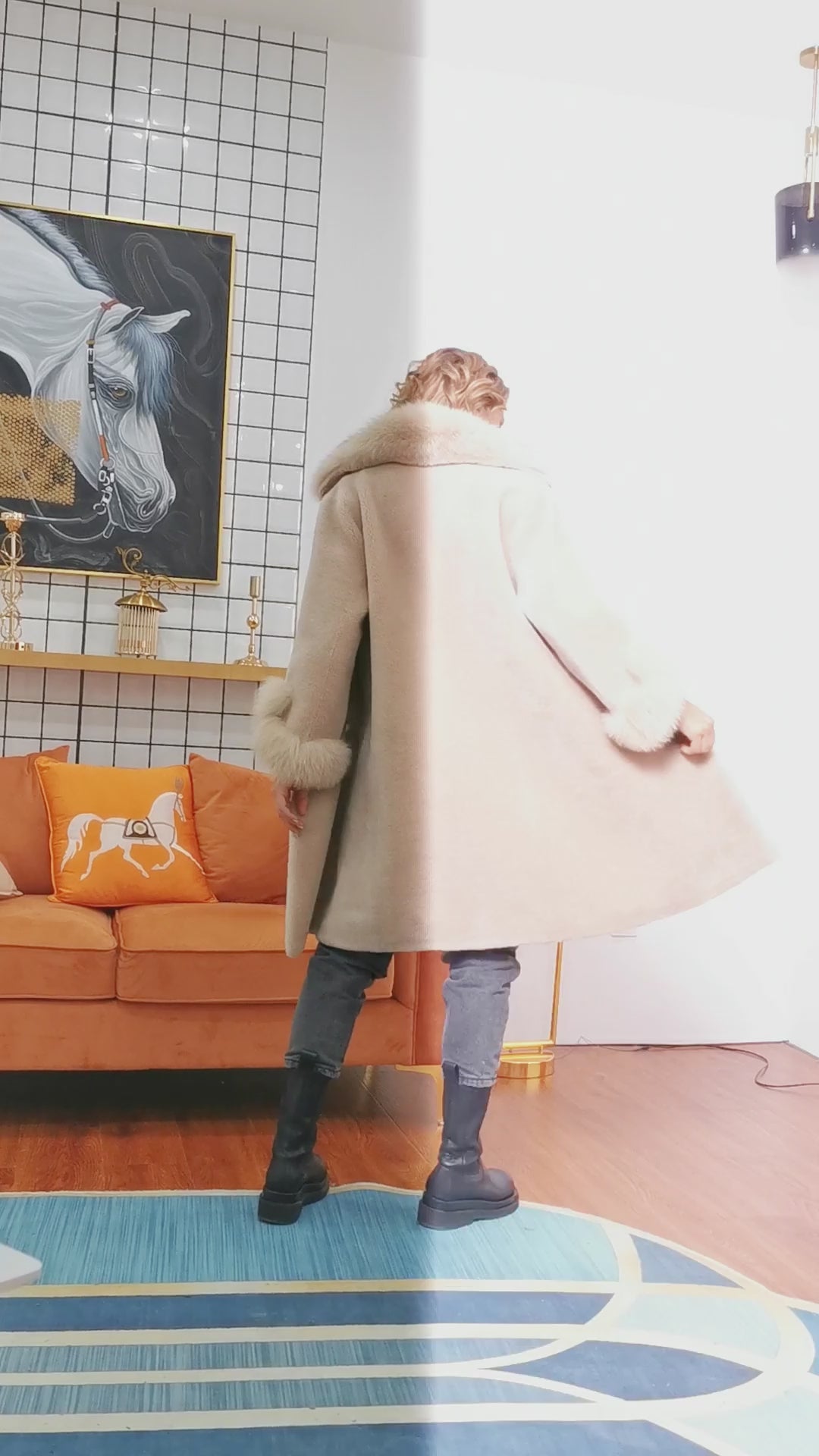 Women's Fox Fur Suit Collar Pearl Button Shearling Jacket