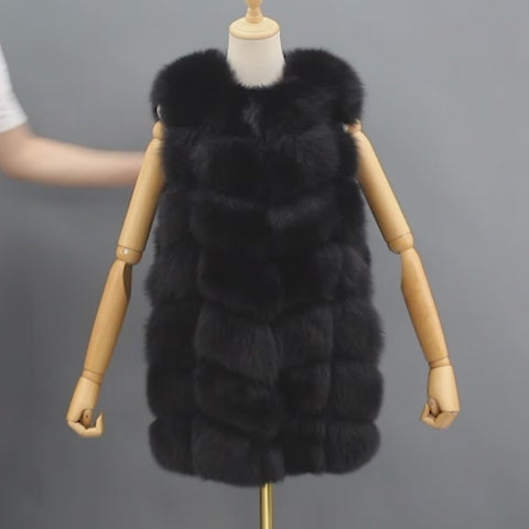 Women's Autumn And Winter Fox Real Fur Solid Sleeveless Vest