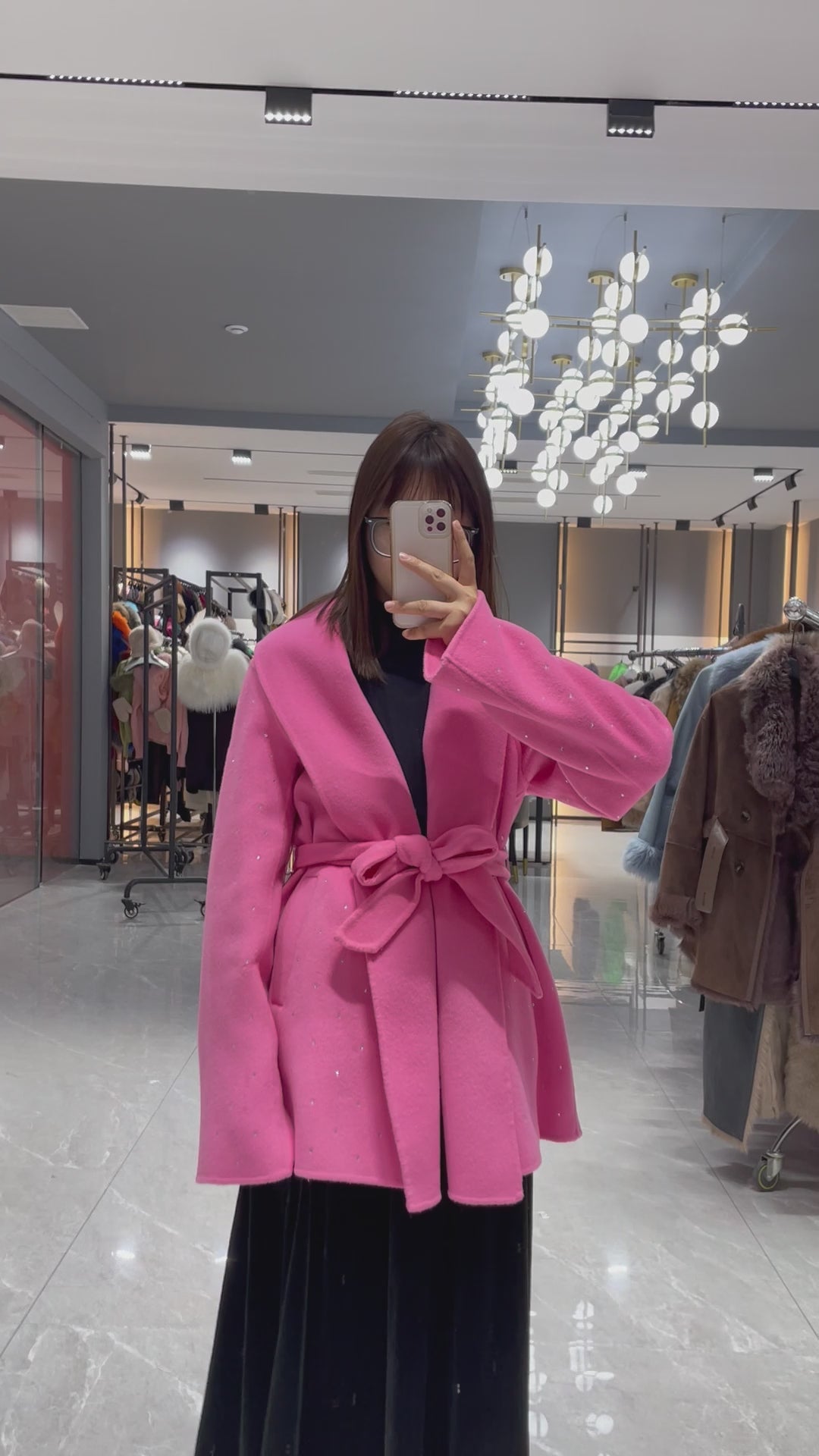 Sparkly Double-Faced Wool Coat for Women – Belted Glitter Shimmer Wrap Jacket in Hot Pink