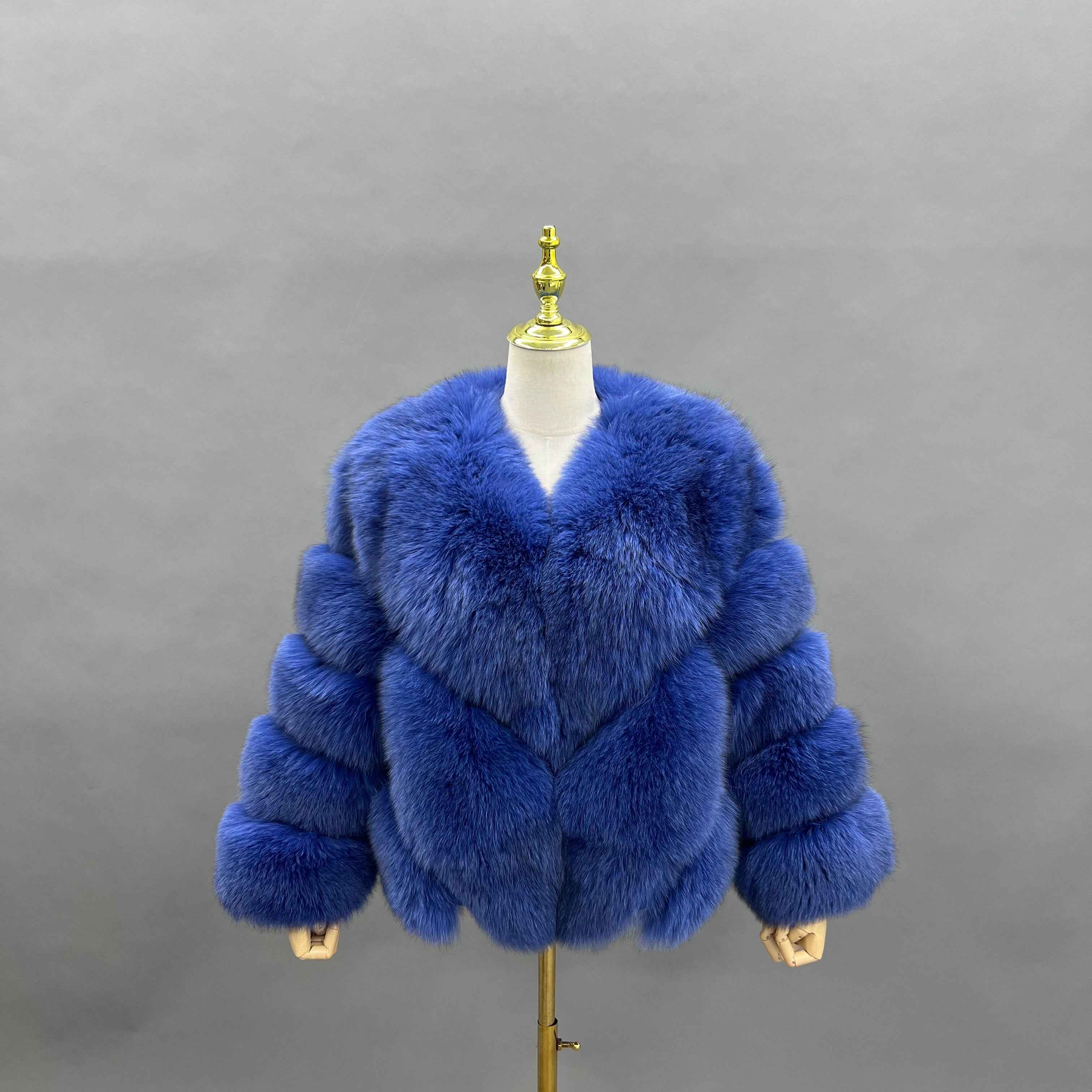 Luxury Blue Fox Fur Jacket with V-Neck and Chevron Stitching – Short Women’s Winter Fur Coat