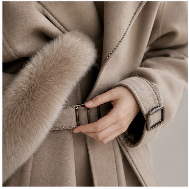 Close-up of fur-trim coat cuff and construction detail