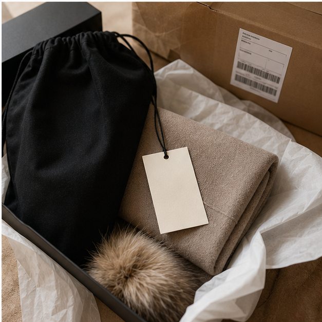 Blank premium packaging and hangtag detail for outerwear shipment