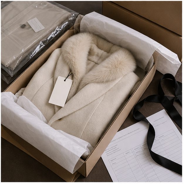 Outerwear packed in tissue paper and carton for wholesale shipment