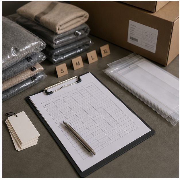 Neat stock and reorder planning scene with folded outerwear and clipboard