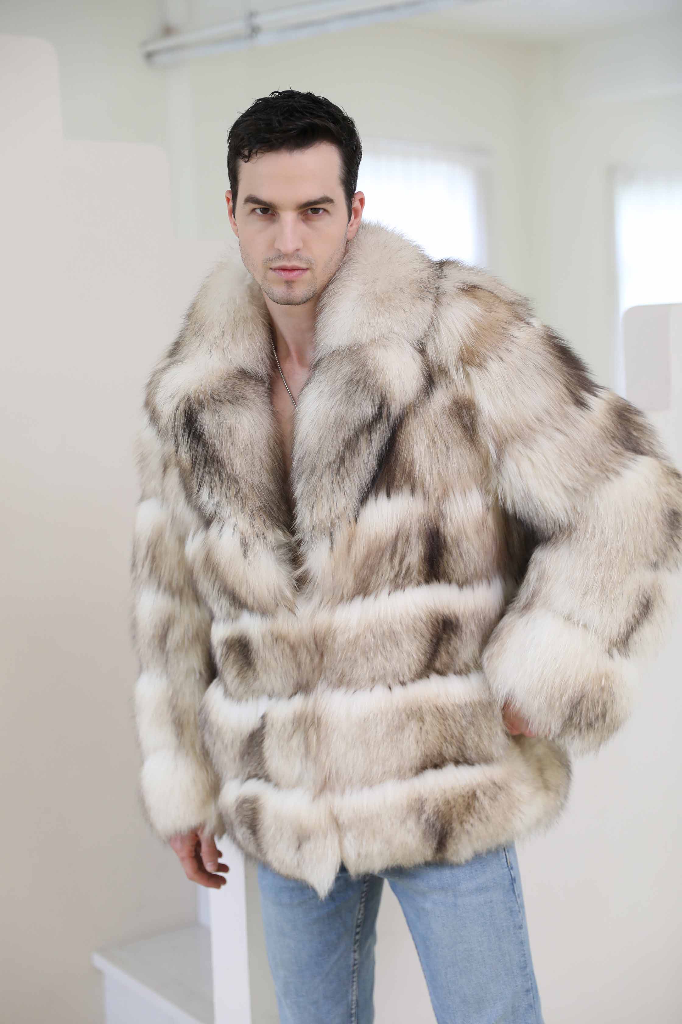 Janefur| Stylish Design Loose Lapel Real Fox Fur Men's Luxury Coat