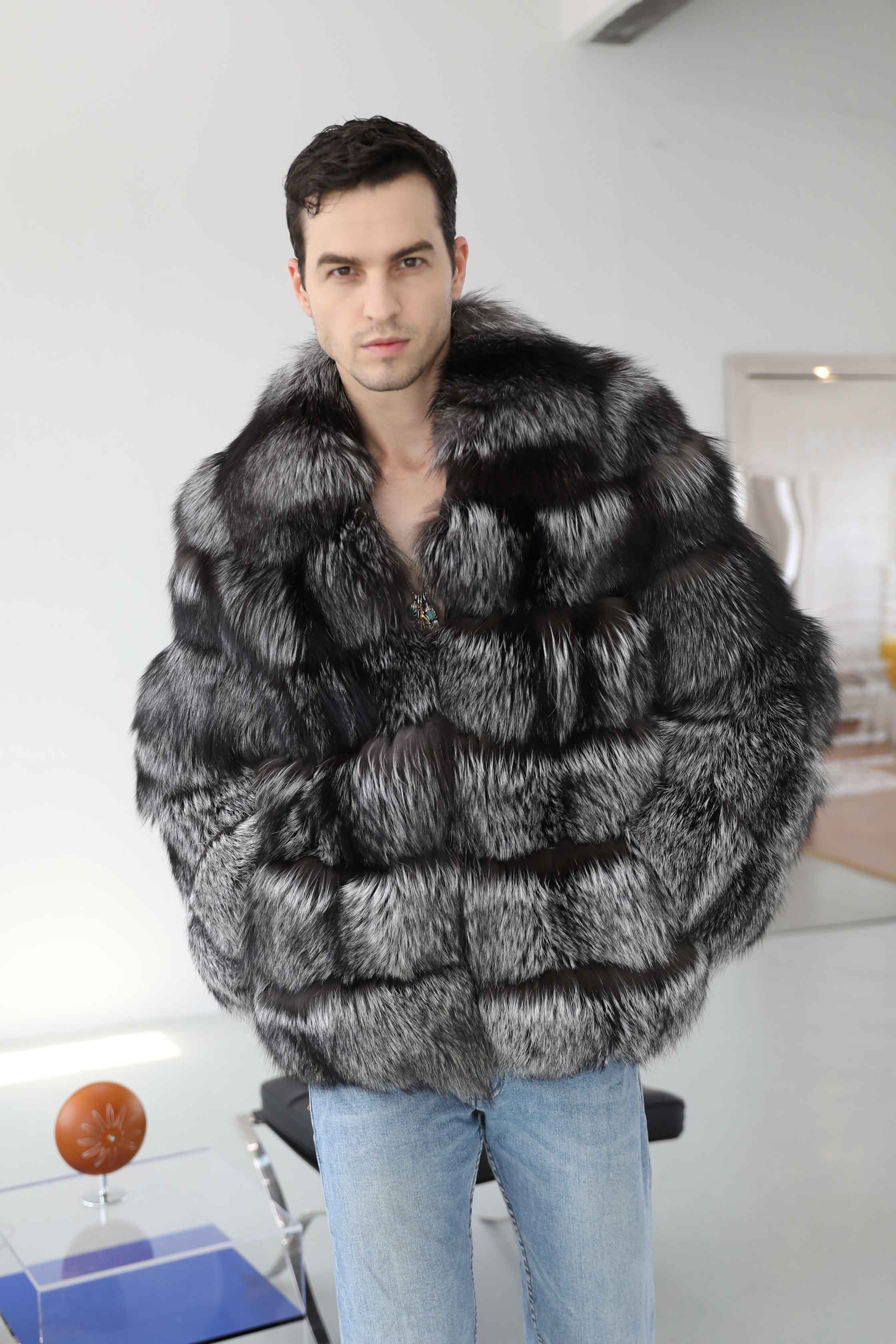 Janefur| Men's High-quality Loose Style Luxury Real Silver Fox Coat